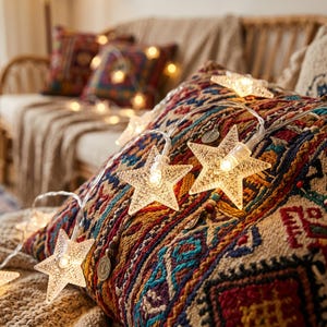 May include: A string of clear, textured star-shaped lights with warm white bulbs. Each star features a pebbled surface finish and is connected by a thin, flexible wire. The lights are draped over a patterned, multi-colored fabric cushion.