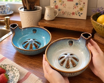 May include: Two ceramic bowls with a built-in citrus reamer in the center and a pouring spout on the rim. One bowl features a vibrant blue glaze, while the other has a gradient from light cream to blue. Both have brown edges and a floral-like drain.