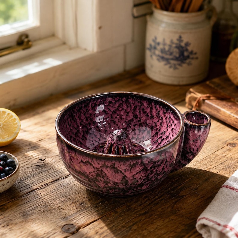 May include: A ceramic citrus juicer featuring a deep purple and black mottled glaze. The bowl-shaped vessel includes a central reamer for extracting juice and a small side handle for gripping, finished with a smooth, glossy texture.