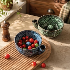 May include: Two ceramic bowls with a textured, speckled glaze and a central cone feature. One bowl is blue and filled with small red and green cherry tomatoes, while the other is green and empty. Each bowl has a small side handle.