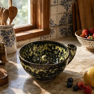 May include: A ceramic citrus juicer bowl featuring a deep black and yellow mottled glaze with a central reamer cone and a side handle, designed for extracting juice from lemons and other citrus fruits in a kitchen setting.