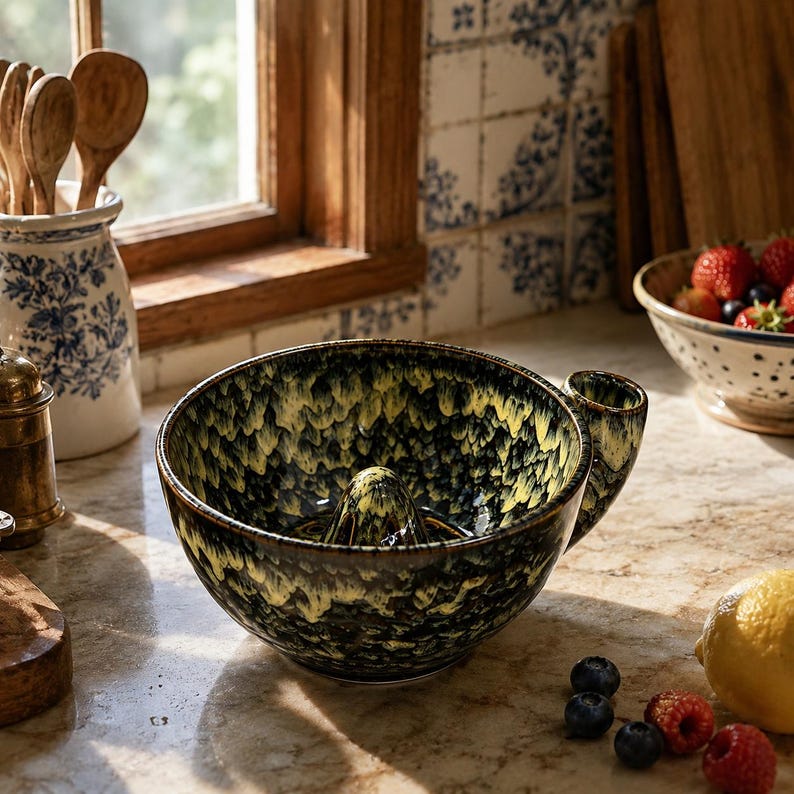 May include: A ceramic citrus juicer bowl featuring a deep black and yellow mottled glaze with a central reamer cone and a side handle, designed for extracting juice from lemons and other citrus fruits in a kitchen setting.