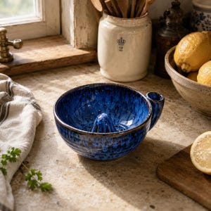 May include: A deep blue ceramic citrus juicer bowl with a central reamer and a small side handle. The bowl features a mottled, glossy glaze with darker blue and black streaks, a ribbed exterior texture, and a dark brown rim.