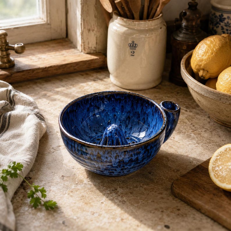 May include: A deep blue ceramic citrus juicer bowl with a central reamer and a small side handle. The bowl features a mottled, glossy glaze with darker blue and black streaks, a ribbed exterior texture, and a dark brown rim.