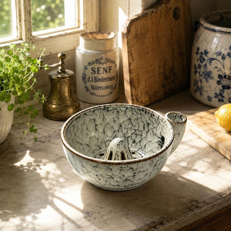 May include: A ceramic citrus juicer bowl featuring a white and black crackle glaze finish. The bowl has a central reamer cone for extracting juice and a small side handle. The exterior and interior surfaces display a textured, mottled pattern.