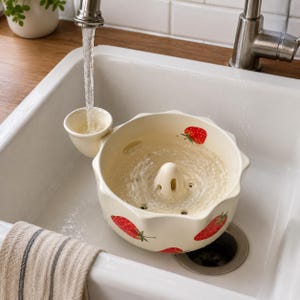 Bol de cerámica con forma de vórtice para lavar bayas, colador de fresas, decoración de cocina estilo cottagecore, bol de cerámica artesanal para servir bayas.
