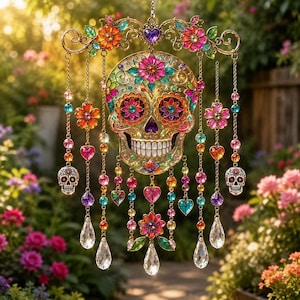 Könnte beinhalten: Ein dekoratives Hängeobjekt mit einem zentralen Totenkopf, der mit komplexen Blumenmustern in leuchtenden Farben verziert ist. Das Stück ist mit hängenden Goldketten, bunten Perlen, kleinen Blumenakzenten, Herzformen und klaren Kristallprismen versehen.