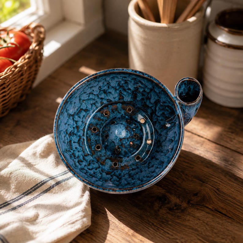 May include: A round, deep blue ceramic shaving bowl with a mottled, textured glaze finish. The bowl features a series of small, circular drainage holes arranged in a ring pattern at the base and includes a small, cylindrical side handle.