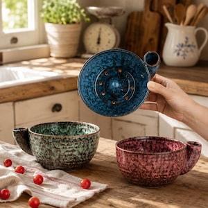 May include: Three ceramic shaving bowls with handles, featuring a textured, mottled glaze in blue, green, and pink. Each bowl has a circular interior base with raised ridges and small holes, designed for creating lather, presented on a wooden surface.