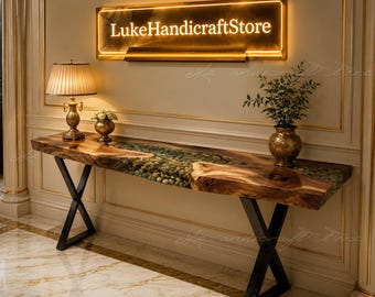 Luxury Live Edge Walnut Wood Epoxy River Console Table Handmade Live Edge Wood & Green Pebble Epoxy River Luxury Epoxy River Console Table