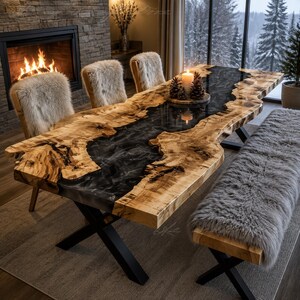 Handmade Live Edge Olive Wood Black Epoxy River Dining Table | Rectangle Resin Table | Modern Luxury Dining Furniture epoxy rectangle table