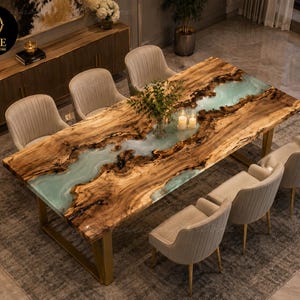 Handmade Live Edge Olive Wood Epoxy River Dining Table Luxury Rectangle Resin Dining Table Live Edge Olive Wood Resin River Dining Table