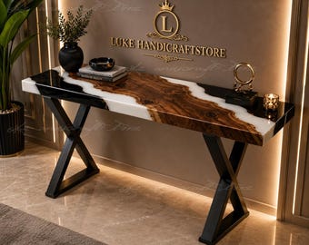 Live Edge Olive Wood Console Table, Black & White Epoxy River Table Handmade Olive Wood Epoxy River Table,Luxury Live Edge Console Table,