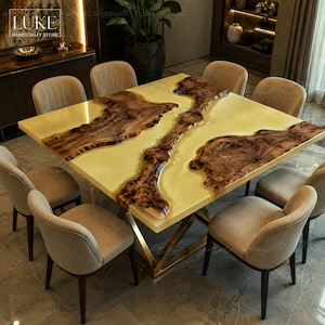 Square Yellow Epoxy Resin Coffee Table, Live Edge Wood Center Table, Square Live Edge Wood & Yellow Resin Table, Handmade Epoxy River Table
