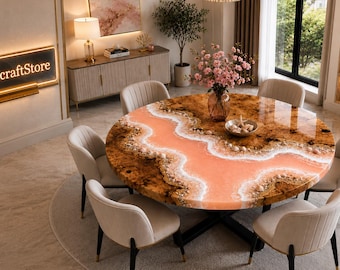 Round Live Edge Burl Wood Ocean Wave Epoxy Dining Table, Peach Resin River Table, Handmade Peach Ocean Wave Epoxy Round Dining Table