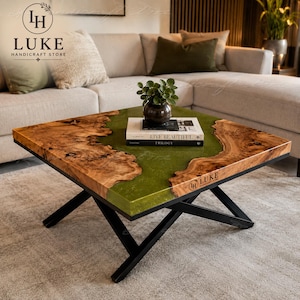 Square Epoxy Resin Coffee Table, Live Edge Burl Wood Table, Olive Green Epoxy Coffee Table, Square Resin , Square Live Edge Coffee Table,