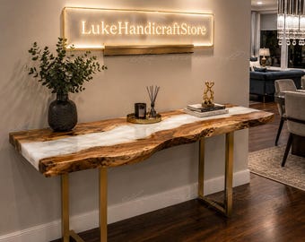 Luxury Live Edge Olive Wood & Pearl White Epoxy River Console Table Handmade Olive Wood Epoxy River | Luxury Olive Wood Resin Console Table