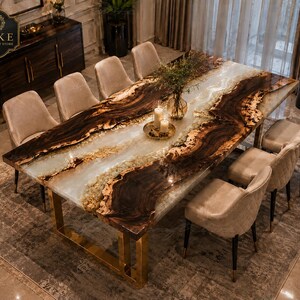 Luxury Live Edge Walnut Wood & White Epoxy River Dining Table Handmade Live Edge Walnut Epoxy River | Custom White Epoxy River Dining Table