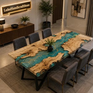 Handmade Live Edge Olive Wood Turquoise Epoxy River Dining Table | Rectangle Resin Table | Luxury Olive Wood Epoxy River Dining Table