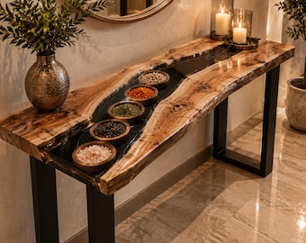 Handmade Live Edge Olive Wood Black Epoxy River Console Table | Luxury Olive Wood & Black Epoxy River Live Edge Olive Wood Console Table