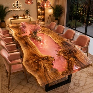 Luxury Live Edge Olive Wood Pink Epoxy River Dining Table | Handmade Rectangle Resin River Table | Blush Pink Epoxy Dining Table | Li