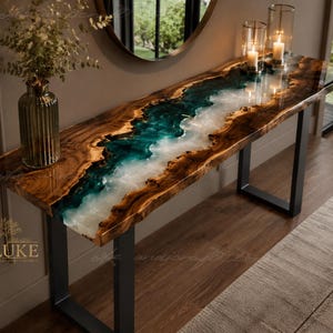Live Edge Olive Wood Emerald Green & Pearl White Epoxy Console Table | Handmade Resin River Entryway Table | Luxury Hallway Furniture