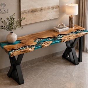 Live Edge Wood Epoxy River Console Table, Turquoise Resin Pebble Entryway Table, Turquoise Epoxy River Table, Live Edge Wood Console Table,