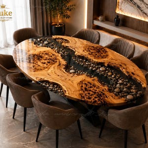Live Edge Wood Epoxy River Dining Table, Oval Black Resin Pebble Table, Handmade Luxury Dining Table Live Edge Burl Wood Black Resin Table