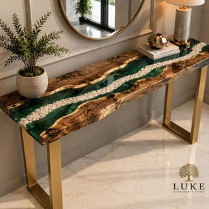 Emerald Green Epoxy Console Table, Live Edge Wood River Table, White Pebble Resin Entryway Table Green , Live Edge Wood & White Stone Table