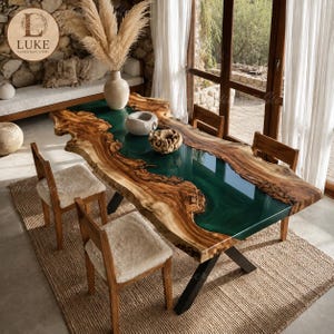 Live Edge Wood Emerald Green Epoxy River Dining Table, Handmade Rectangle Resin Table , Luxury Live Edge Wood & Green Epoxy Dining Table
