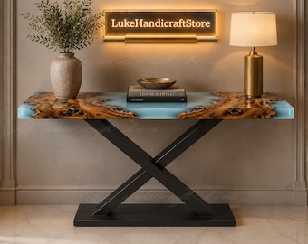 Handmade Live Edge Walnut Epoxy Resin Console Table | Luxury Blue Epoxy River Console Table | Custom Live Edge Resin Console Table