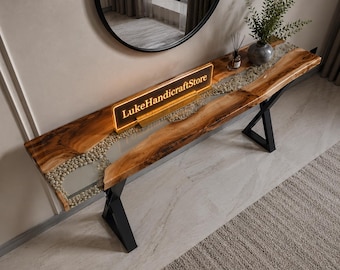 Live Edge Walnut Epoxy River Console Table, Pebble River Entryway Table, Handmade Wood Sofa Table, Modern Hallway Console Table |