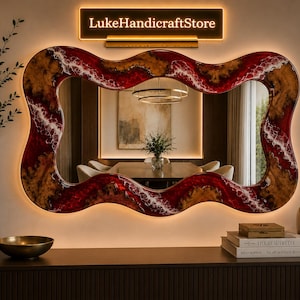 Handmade Live Edge Wood & Ruby Red Epoxy Resin Wall Mirror Ruby Red Epoxy Resin Mirror | Live Edge Wood Wall Mirror Luxury Epoxy  Mirror |