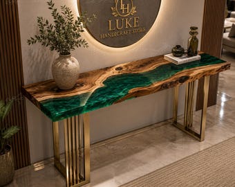 Live Edge Walnut Wood Emerald Green Epoxy River Console Table | Handmade Walnut Wood & Emerald Green Luxury Live Edge Walnut Console Table