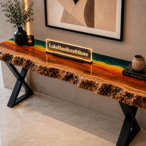 Mesa consola de resina epoxi con borde natural hecha a mano Mesa consola personalizada de resina epoxi con forma de río Mesa consola de resina artesanal Mesa moderna de resina epoxi con borde natural
