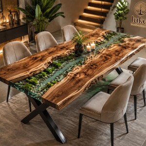 Live Edge Walnut Epoxy River Dining Table, Moss & Pebble River Table, Handmade Live Edge Wood Epoxy River , Luxury Walnut River Dining Table