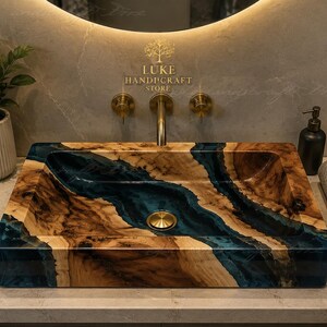 Handmade Live Edge Olive Wood & Ocean Blue Epoxy Resin Rectangle Vessel Sink | Luxury Bathroom Vanity Sink Ocean Blue River Bathroom Sink |