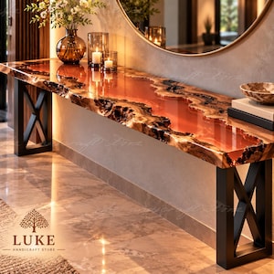 Live Edge Burl Wood Console Table, Amber Epoxy Resin Sofa Table, Luxury Entryway Table, Luxury Burl Wood & Amber Epoxy Resin Console Table,