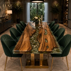 Live Edge Wood Epoxy River Dining Table, Handmade Pebble Resin Table, Rectangular Luxury Dining Table Handmade Live Edge Wood Dining Table,