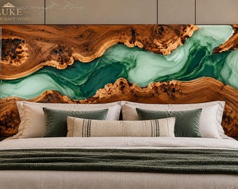 Luxury Burl Wood and Emerald Green Epoxy Resin Headboard,  Emerald Green River Headboard, Live Edge  Luxury Emerald Green River Headboard