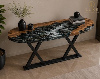 Live Edge Wood & Black Epoxy Console Table, Pebble River Entryway Table, Black Epoxy River Console Table Pebble River Epoxy Console Table,