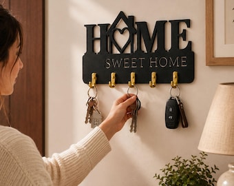 Home Sweet Home Key Holder SVG, keychain rack with hooks, House Key Holder, 3D Wooden key holder, Wall Key Hanger Glowforge File