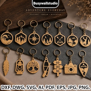 May include: A collection of fourteen wooden keychains featuring laser-cut designs including a wave, mountains, compass, tent, arrows, forest, deer, feather, lantern, tree, canoe, signpost with text GO SEE DC, camera, and a mountain peak shape.