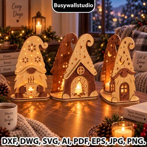 May include: Three decorative wooden gnome and house-shaped lanterns with intricate laser-cut designs including snowflakes, stars, and a pine tree. Each piece features a warm internal light, creating a soft glow through the cutouts on a table.