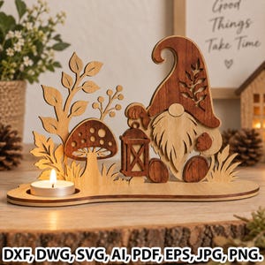 May include: A laser-cut wooden candle holder featuring a gnome holding a lantern, a mushroom, and leafy branches. The design includes a circular cutout for a tea light candle. The text DXF, DWG, SVG, AI, PDF, EPS, JPG, PNG is at the bottom.
