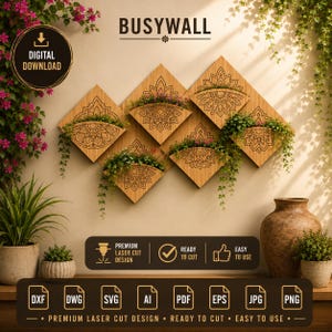 May include: A digital download file for a laser cut wall planter set featuring five diamond-shaped wooden panels with black mandala patterns. The design includes text reading BUSYWALL, PREMIUM LASER CUT DESIGN, READY TO CUT, and EASY TO USE.