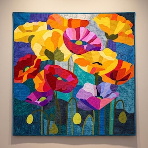 Colorful Poppy Quilt Pattern PDF – Floral Applique Wall Hanging 30x 30 inches