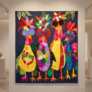 Könnte beinhalten: Ein rechteckiger Wandbehang aus Stoff mit vier stilisierten Hühnern vor einem dunkelblauen Hintergrund. Jedes Huhn ist mit bunten Stoffflicken, Blumenmustern und runden Brillen in verschiedenen leuchtenden Farben verziert.