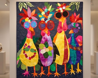 Whimsical Chicken Quilt Pattern PDF – Floral Applique Wall Hanging 34 x 40 inches