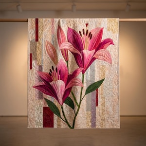 Peut inclure: Une courtepointe rectangulaire en tissu représentant deux grandes fleurs de lys rose vif avec des étamines sombres et des tiges vertes. Le fond est composé d'un tissu texturé crème avec des panneaux rectangulaires verticaux rouges, beiges et gris.